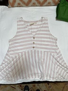 Maeve White Tank with Rust-Red Stripes & Button Front